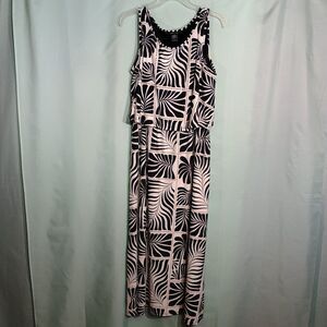 Womens Black White Maxi Dress Sleeveless Tropical Print Belted Casual